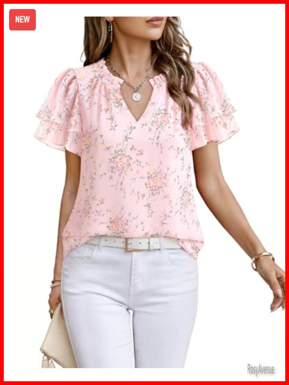 Women's Chiffon Short Sleeve Blouse V-Neck Ruffle Business Work Shirt